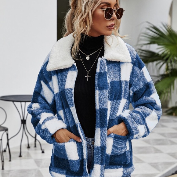 blue white plaid collar pocket fall teddy coat - Picture 4 of 5